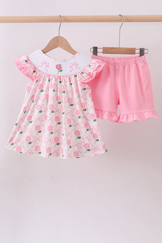 Pink hydrangea bow girl smocked shorts set