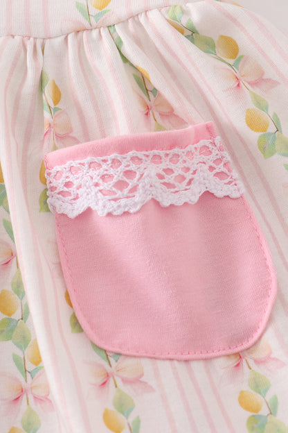 Pink lemon print bow ruffle bloomer set