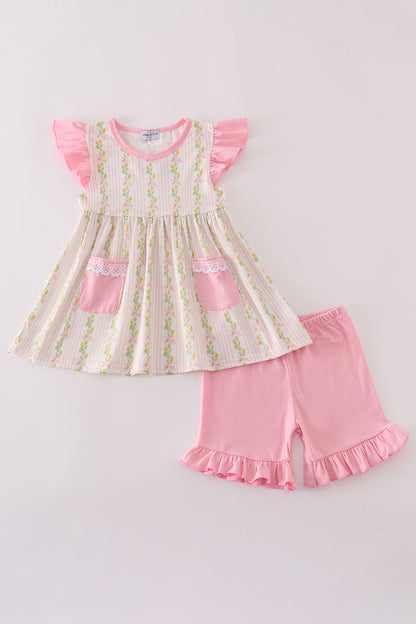 Pink lemon print bow ruffle shorts set