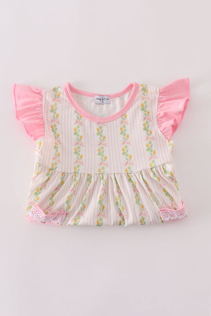 Pink lemon print bow ruffle shorts set