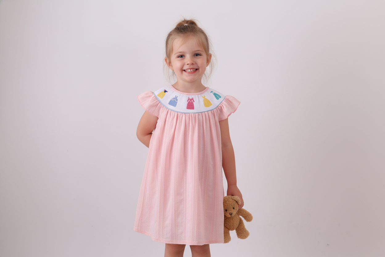 Pink princess smocked ruffle girl’s dress