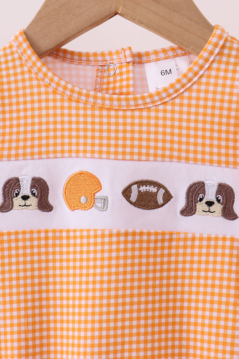 Burbuja con volantes de cuadros vichy bordados con diseño de cachorro de fútbol americano de Tennessee en color naranja premium