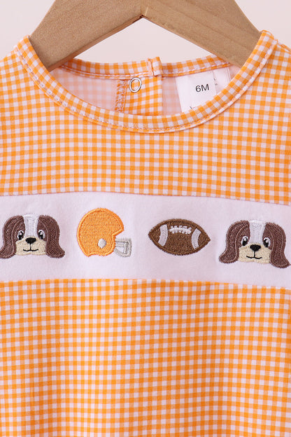 Burbuja con volantes de cuadros vichy bordados con diseño de cachorro de fútbol americano de Tennessee en color naranja premium
