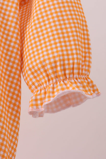 Burbuja con volantes de cuadros vichy bordados con diseño de cachorro de fútbol americano de Tennessee en color naranja premium