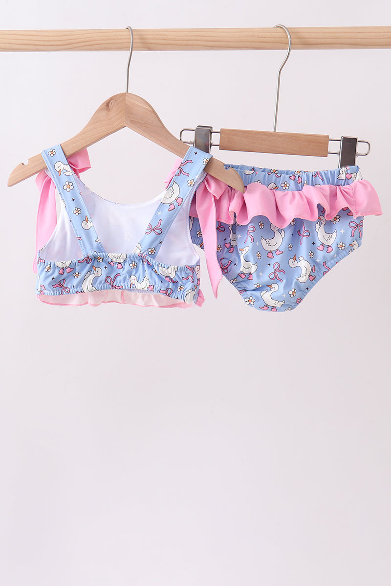 Purple Duck Print Bow Ruffle 2-Piece Girls Swimsuit