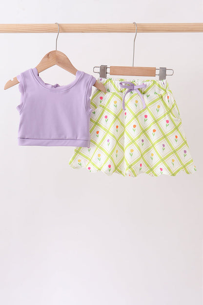 Purple Floral Bow Crop Top & Skorts Set for Girls