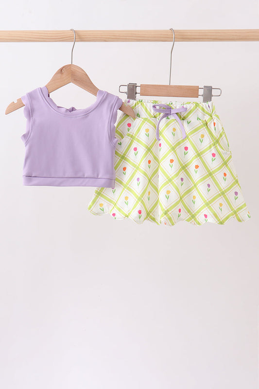 Purple Floral Bow Crop Top & Skorts Set for Girls
