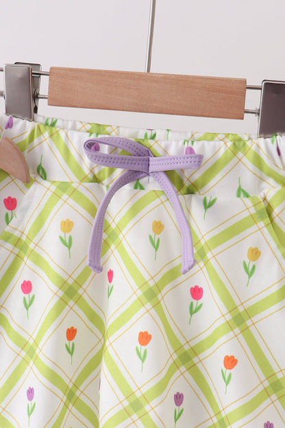 Purple Floral Bow Crop Top & Skorts Set for Girls