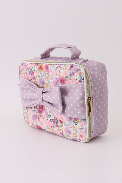 Purple Floral Print Canvas Bow Lunch Bag