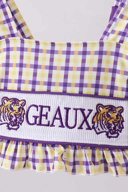 Purple LSU GEAUX smocked 2pc swimsuit