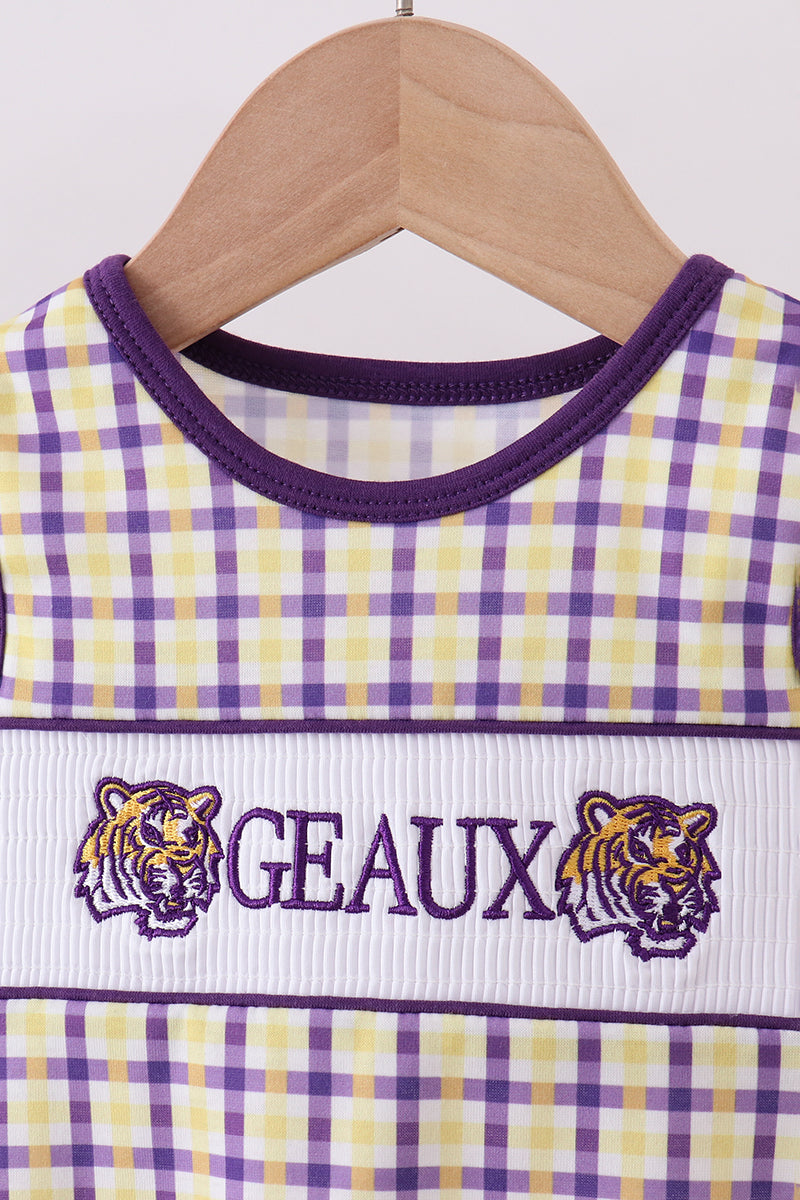 Purple LSU GEAUX smocked bubble