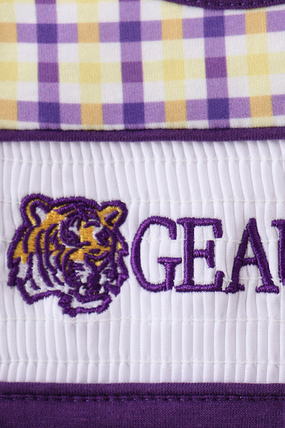 Purple LSU GEAUX smocked ruffle bubble