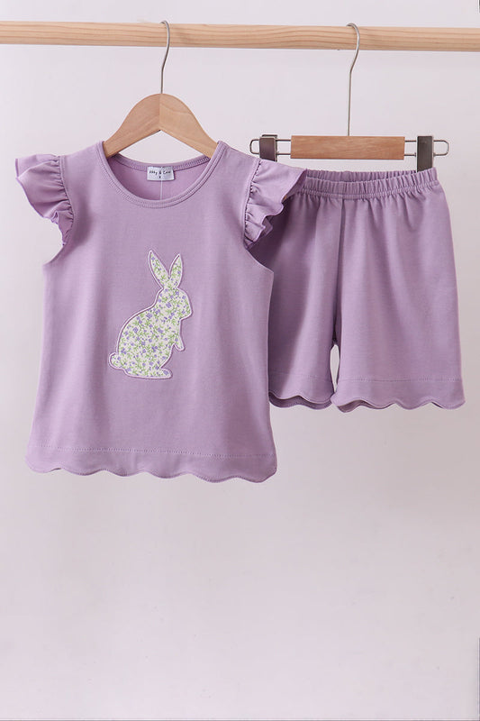 Purple bunny applique girl ruffle shorts set