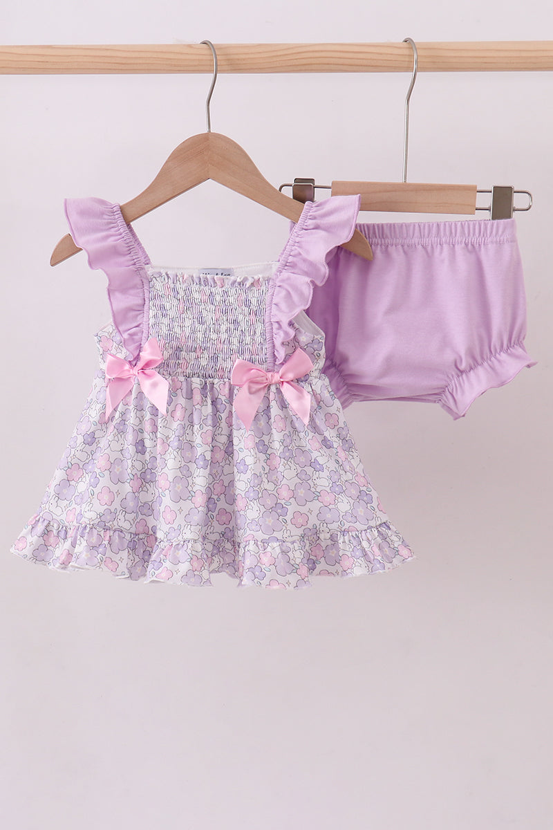 Purple floral smocked ruffle bloomer set