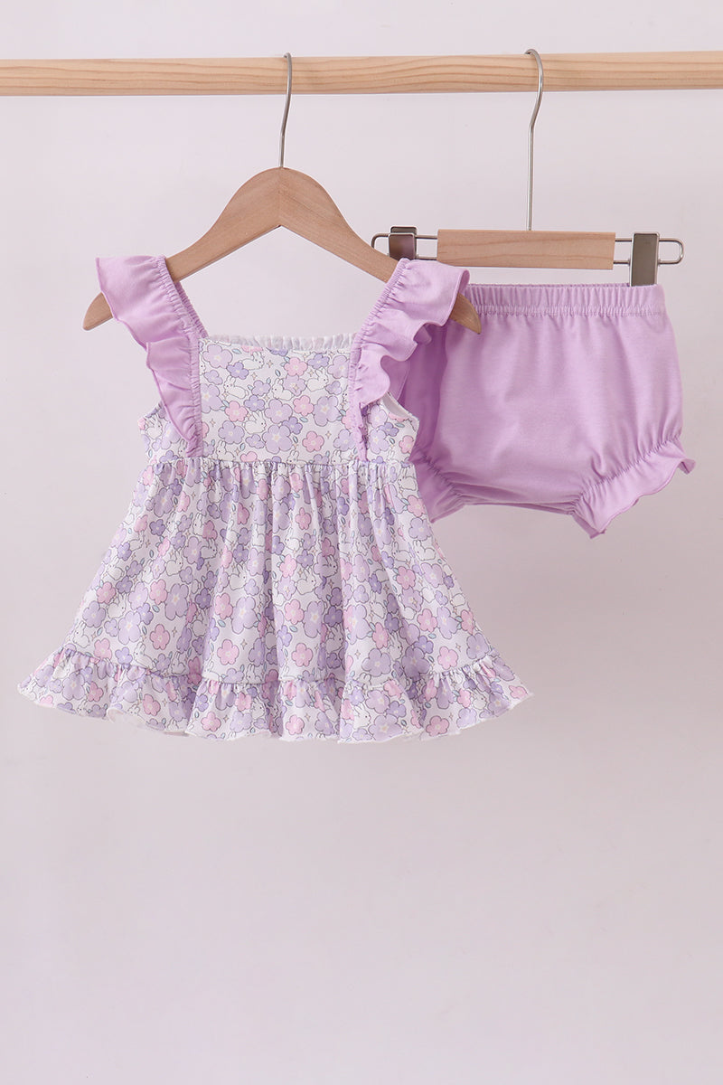 Purple floral smocked ruffle bloomer set