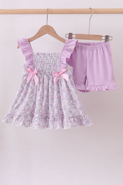 Purple floral smocked ruffle shorts set