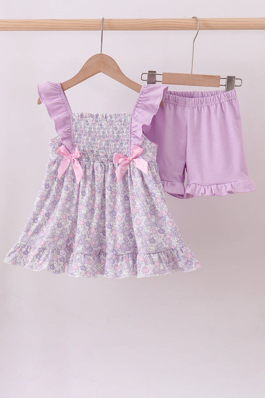 Purple floral smocked ruffle shorts set