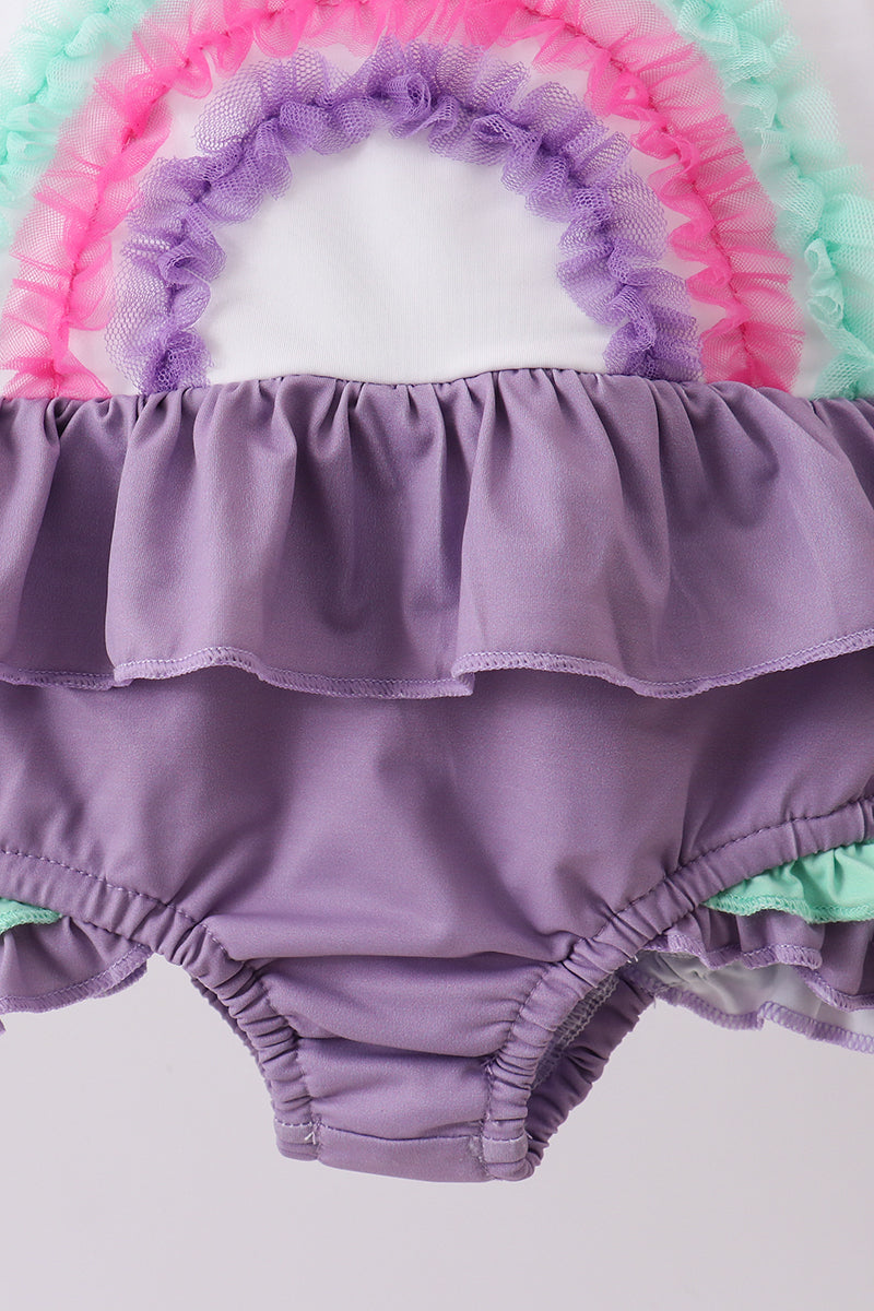 Purple lace rainbow ruffle one-piece girl's swimsuit