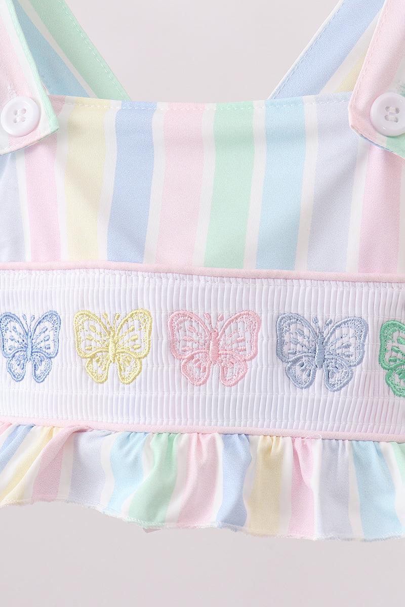 Rainbow Stripe Butterfly Smocked Ruffle 2-Piece Girls Swimsuit