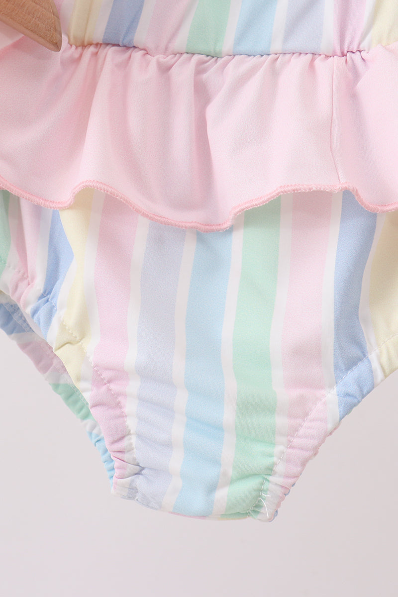 Rainbow Stripe Butterfly Smocked Ruffle 2-Piece Girls Swimsuit