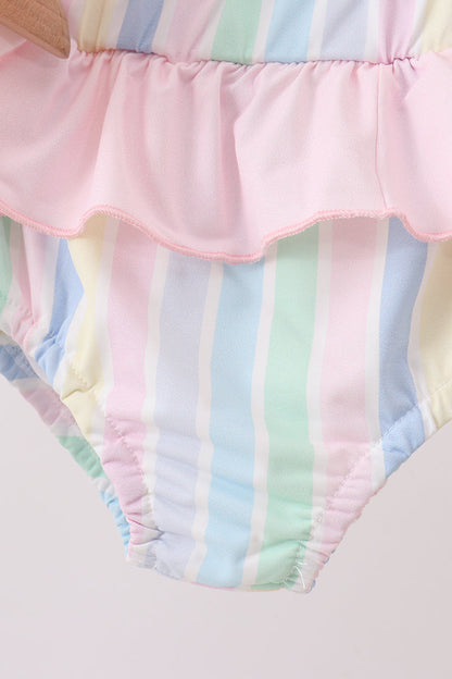 Rainbow Stripe Butterfly Smocked Ruffle 2-Piece Girls Swimsuit