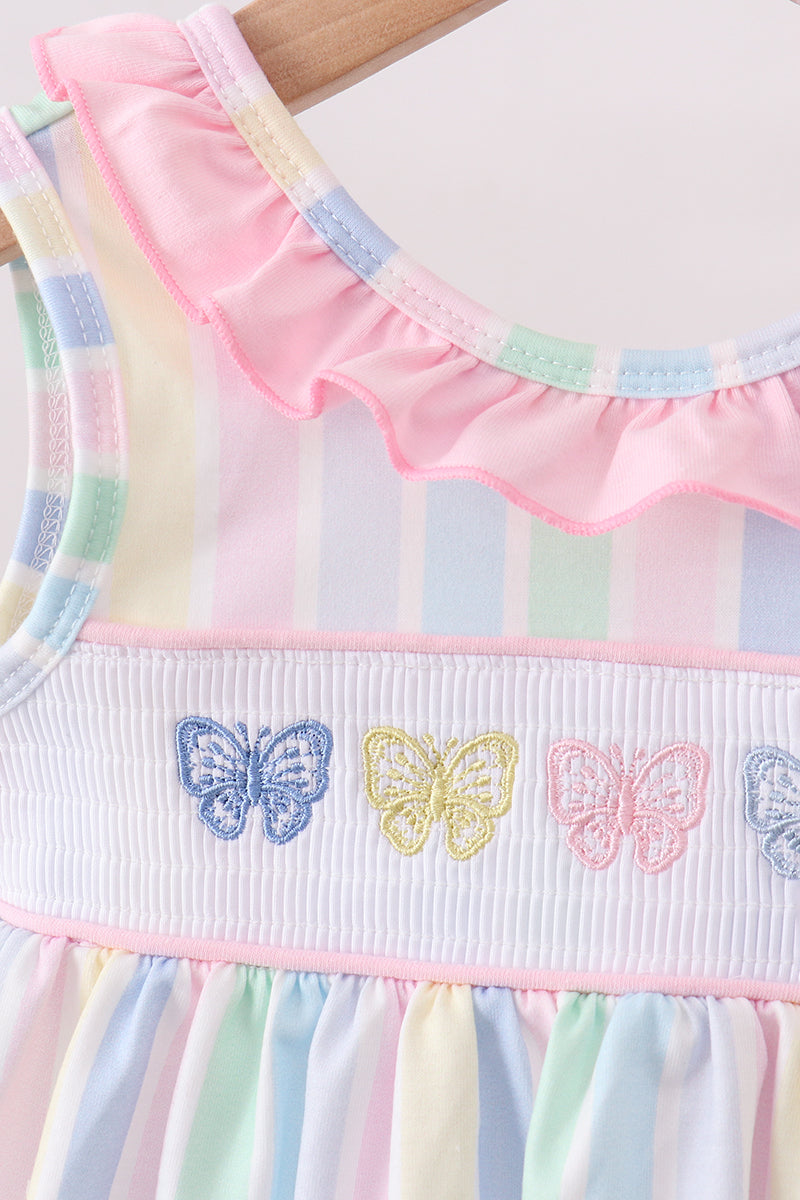 Rainbow Stripe Butterfly Smocked Ruffle Baby Girl Bloomer Set