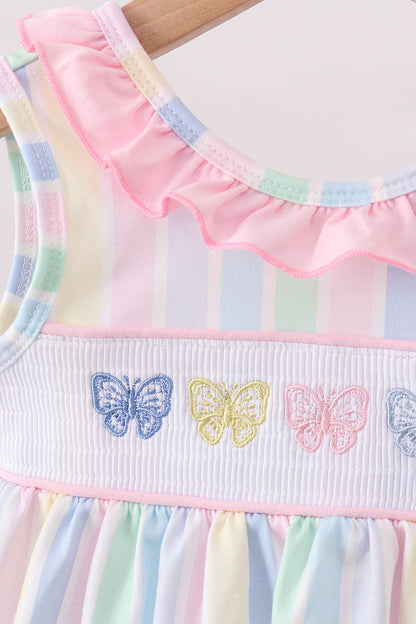 Rainbow Stripe Butterfly Smocked Ruffle Baby Girl Bloomer Set