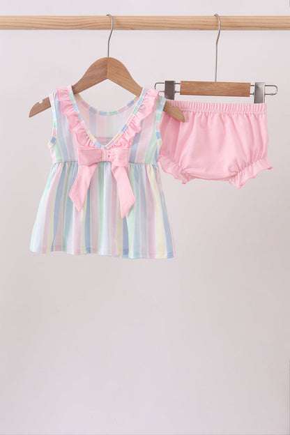 Rainbow Stripe Butterfly Smocked Ruffle Baby Girl Bloomer Set