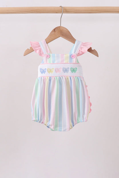 Rainbow Stripe Butterfly Smocked Ruffle Baby Girl Bubble