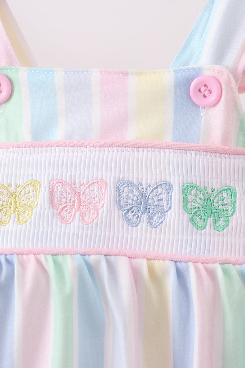 Rainbow Stripe Butterfly Smocked Ruffle Baby Girl Bubble