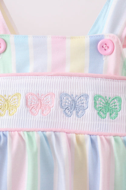 Rainbow Stripe Butterfly Smocked Ruffle Baby Girl Bubble