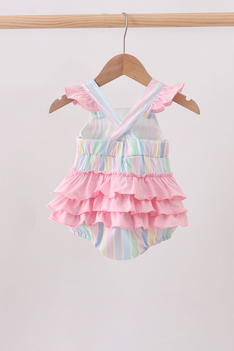 Rainbow Stripe Butterfly Smocked Ruffle Baby Girl Bubble
