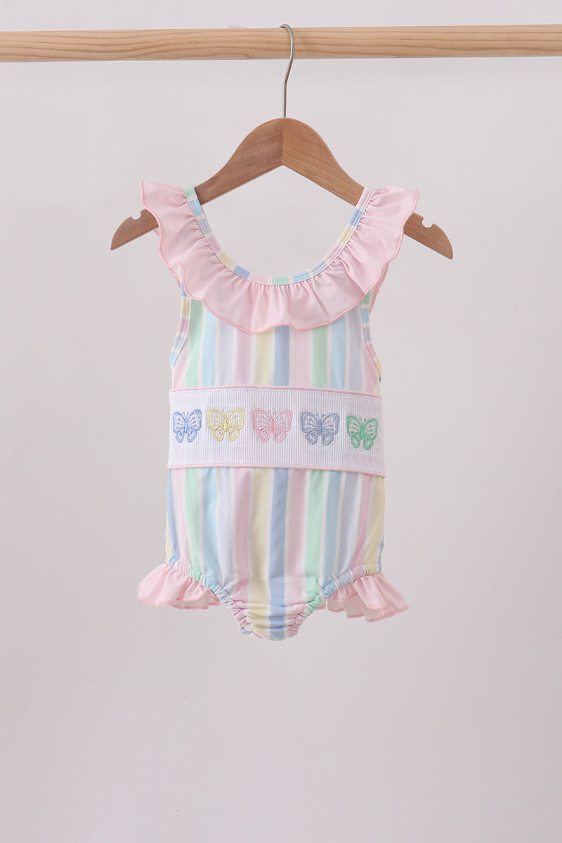 Rainbow Stripe Butterfly Smocked Ruffle One-Piece Girls Swimsuit