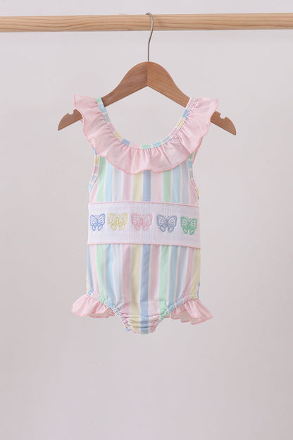 Rainbow Stripe Butterfly Smocked Ruffle One-Piece Girls Swimsuit