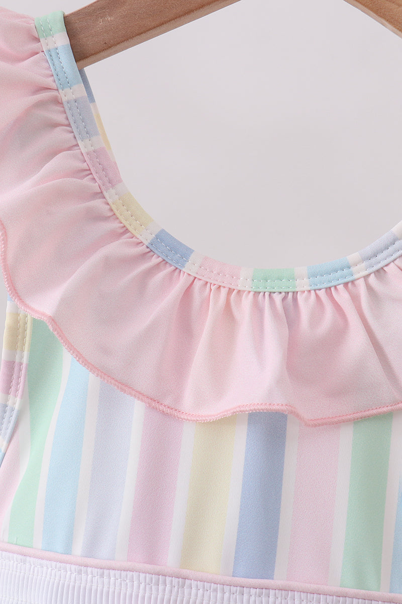 Rainbow Stripe Butterfly Smocked Ruffle One-Piece Girls Swimsuit