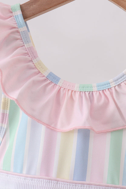 Rainbow Stripe Butterfly Smocked Ruffle One-Piece Girls Swimsuit
