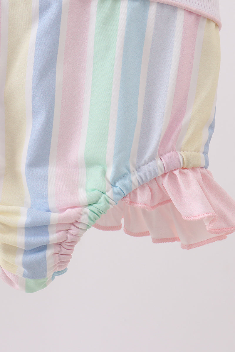 Rainbow Stripe Butterfly Smocked Ruffle One-Piece Girls Swimsuit
