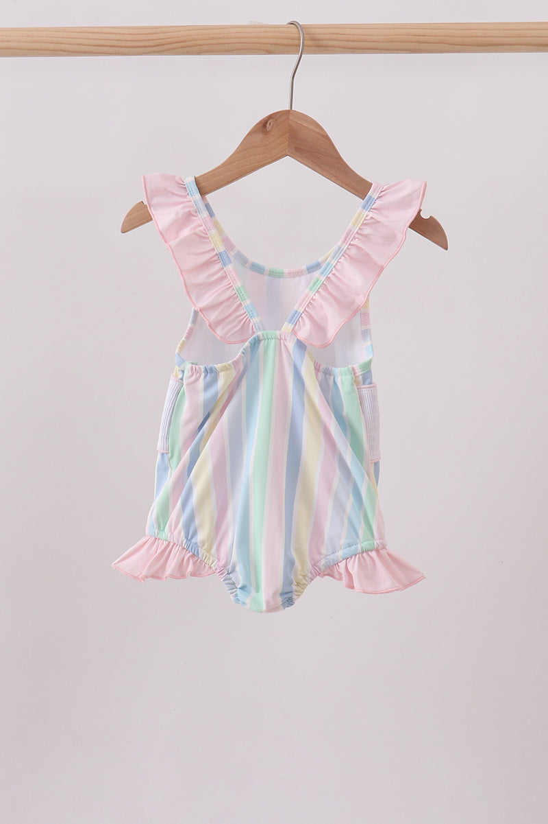 Rainbow Stripe Butterfly Smocked Ruffle One-Piece Girls Swimsuit