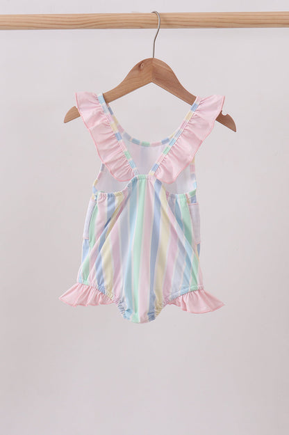 Rainbow Stripe Butterfly Smocked Ruffle One-Piece Girls Swimsuit