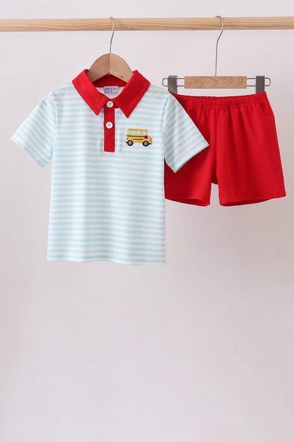 Red Bus Embroidered Boys Set