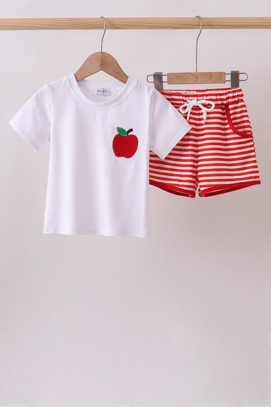 Red Stripe Apple Embroidered Boys Set