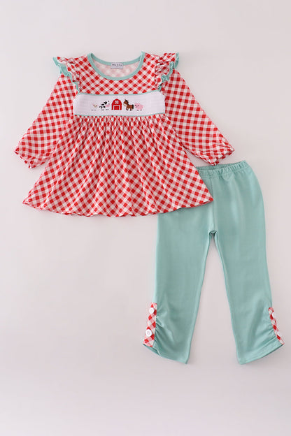 Red farm smocked ruffle pants set