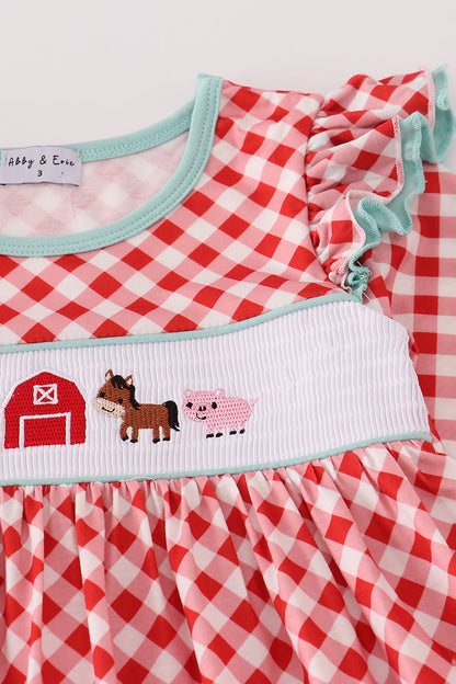 Red farm smocked ruffle pants set