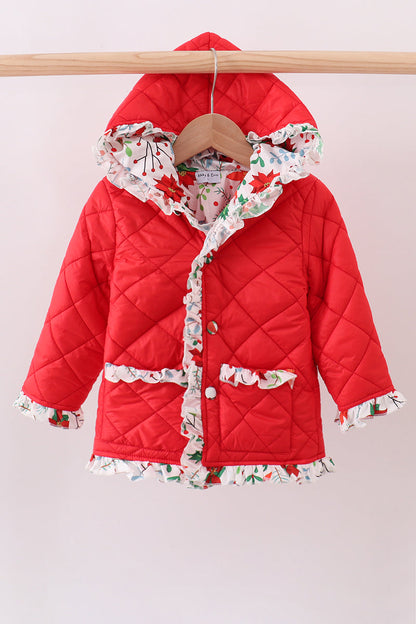 Chaqueta acolchada con volantes y estampado floral rojo