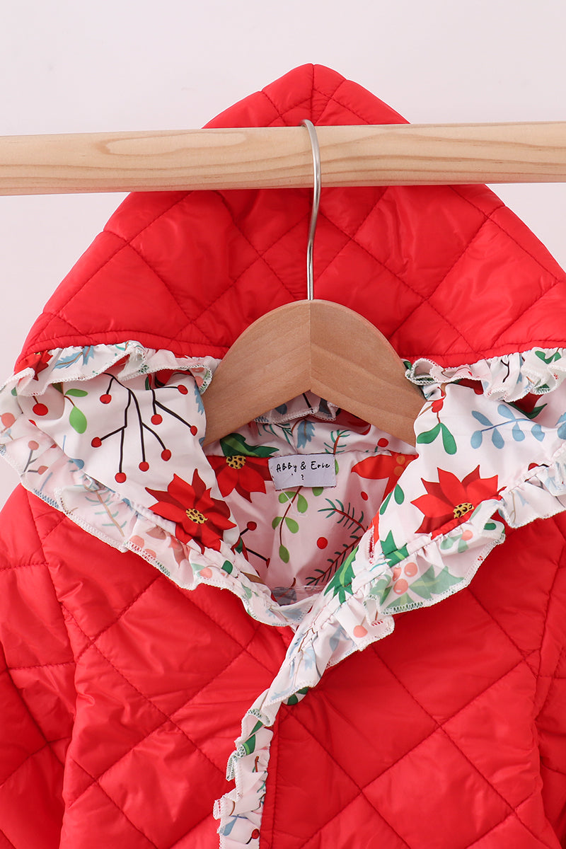 Chaqueta acolchada con volantes y estampado floral rojo