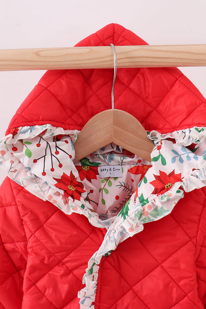 Chaqueta acolchada con volantes y estampado floral rojo