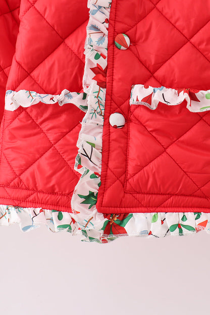 Chaqueta acolchada con volantes y estampado floral rojo