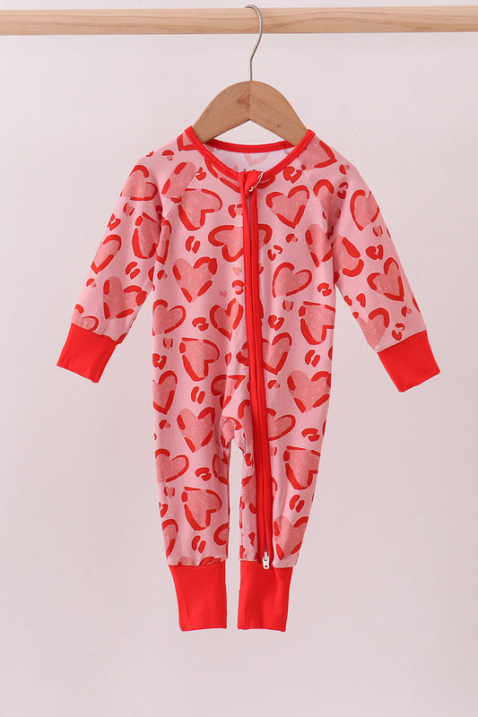 Red heart print bamboo zipper baby pajama romper