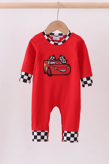 Red race character applique baby checkered romper