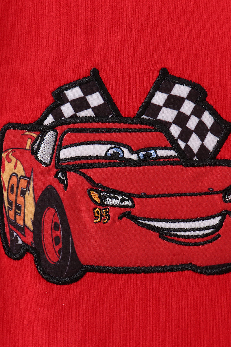 Red race character applique baby checkered romper